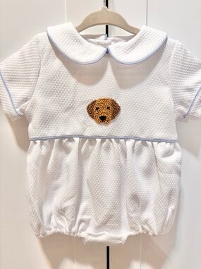 White Baby Bubble Romper with Teddy Appliqué